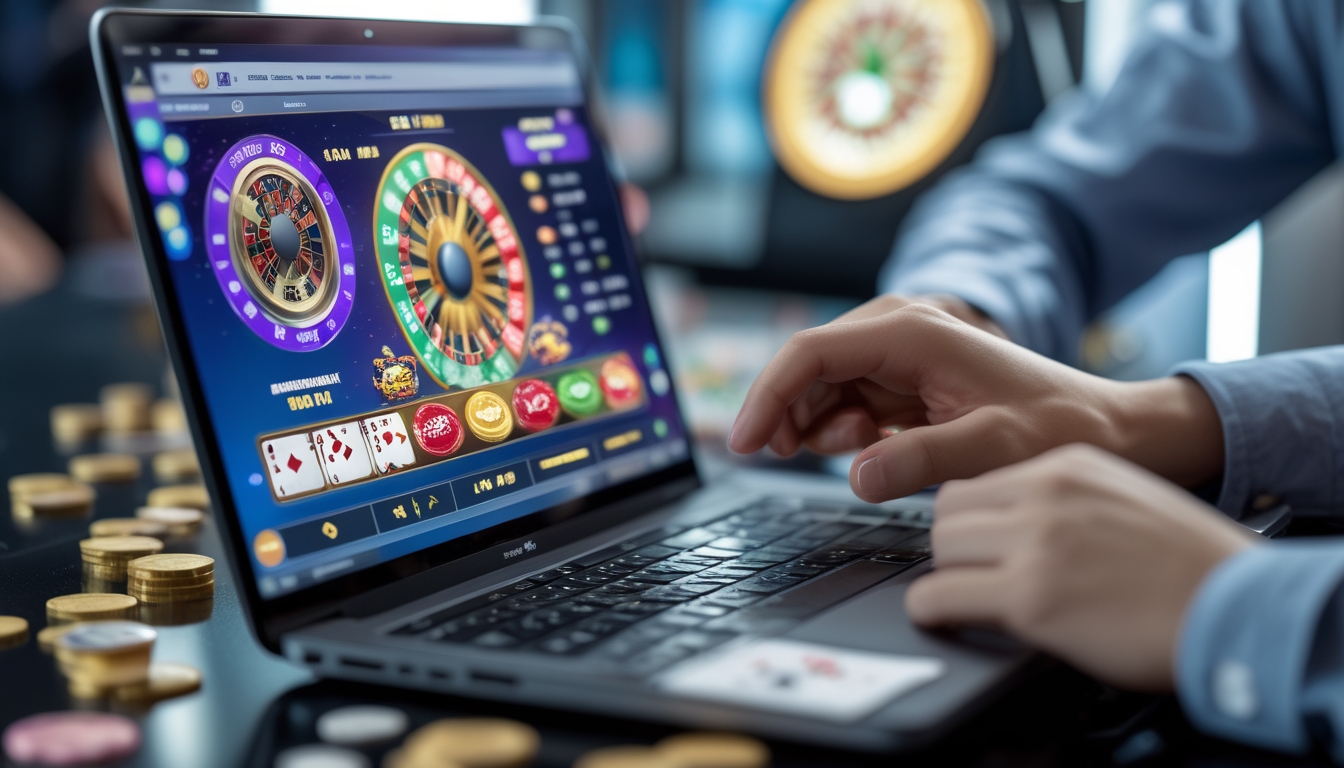 Seseorang menggunakan laptop untuk bermain kasino online dengan taruhan kecil, menampilkan permainan kartu dan roda roulette di layar.