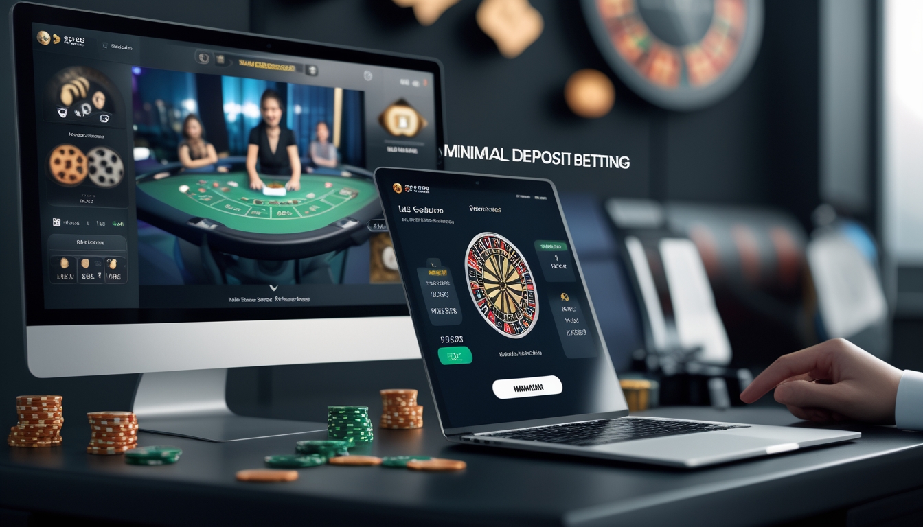 Seorang pemain sedang menggunakan laptop untuk bermain live casino online dengan dealer langsung di layar dan menampilkan aplikasi taruhan dengan deposit minimal.