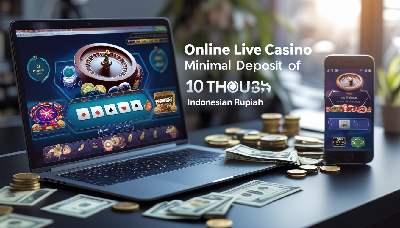 Seorang pria duduk di depan laptop dan smartphone yang menampilkan permainan kasino online dengan uang rupiah di atas meja.