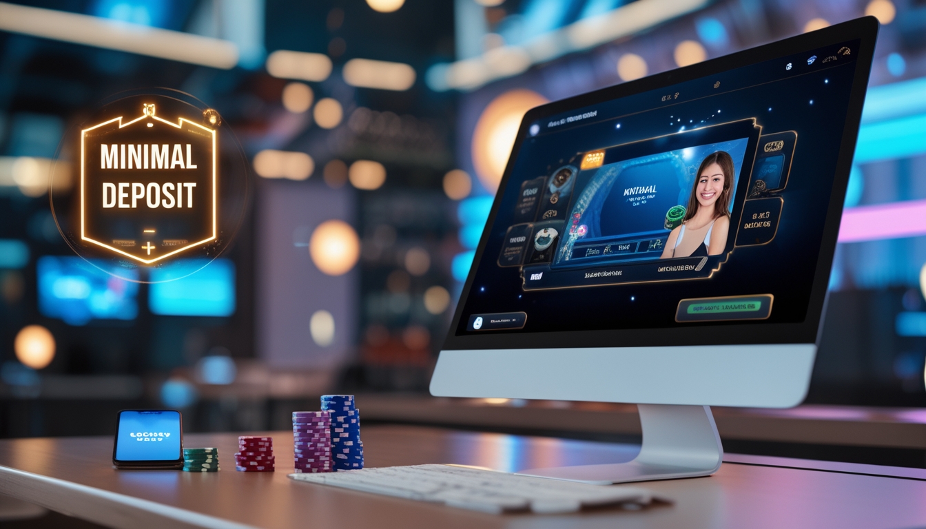 Seorang wanita dealer kasino langsung sedang berinteraksi dengan pemain melalui komputer, dengan chip dan kartu di meja, menggambarkan pengalaman bermain kasino online dengan deposit minimal.