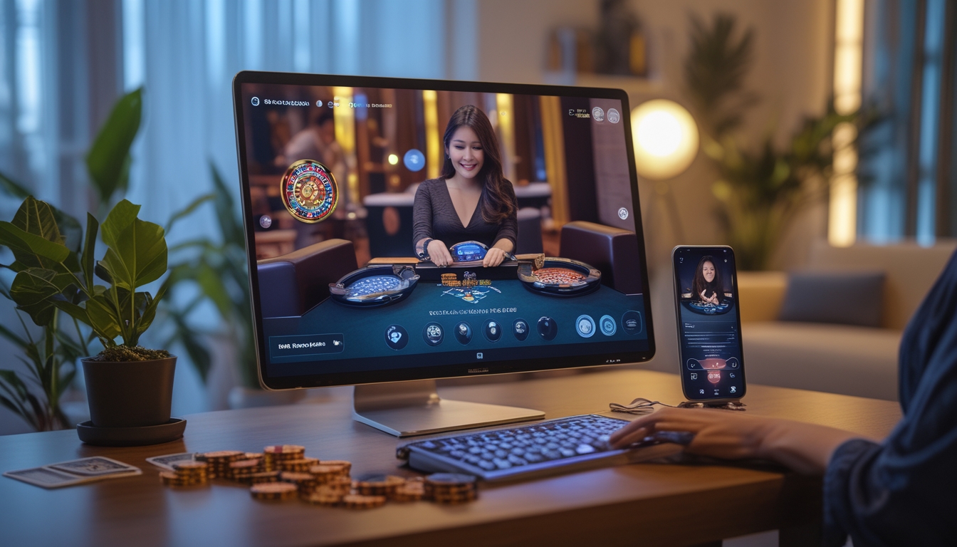 Seseorang bermain permainan kasino langsung secara online di komputer di rumah dengan dealer wanita di layar dan peralatan kasino di sekitar.
