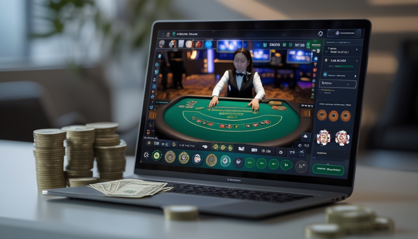 Seseorang sedang bermain live casino online dengan layar komputer menampilkan dealer dan kartu permainan, di meja terdapat tumpukan uang kertas rupiah.
