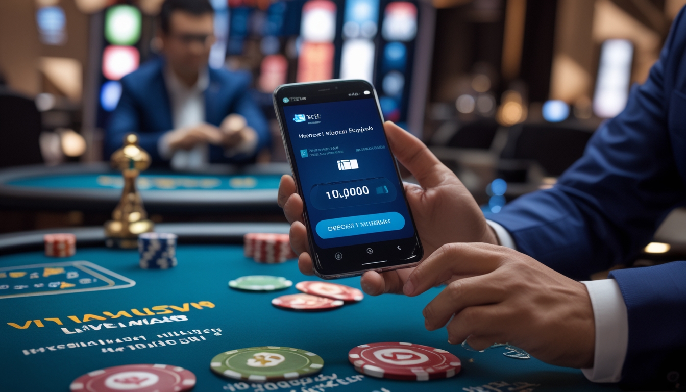 Tangan seseorang menggunakan ponsel dengan aplikasi dompet digital di depan meja kasino langsung dengan dealer dan chip kasino.