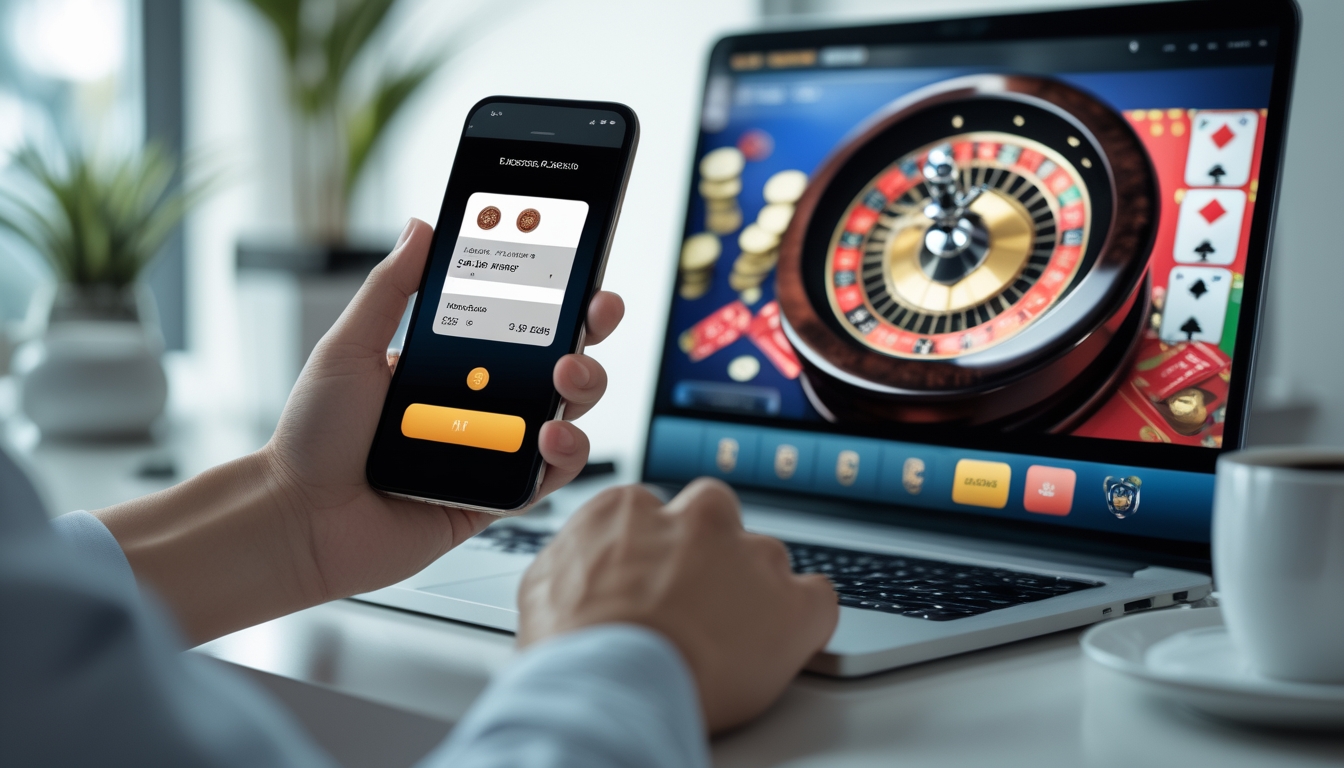 Seseorang menggunakan ponsel untuk melakukan transaksi deposit dan withdraw di kasino online dengan latar belakang layar laptop yang menampilkan permainan kasino langsung.