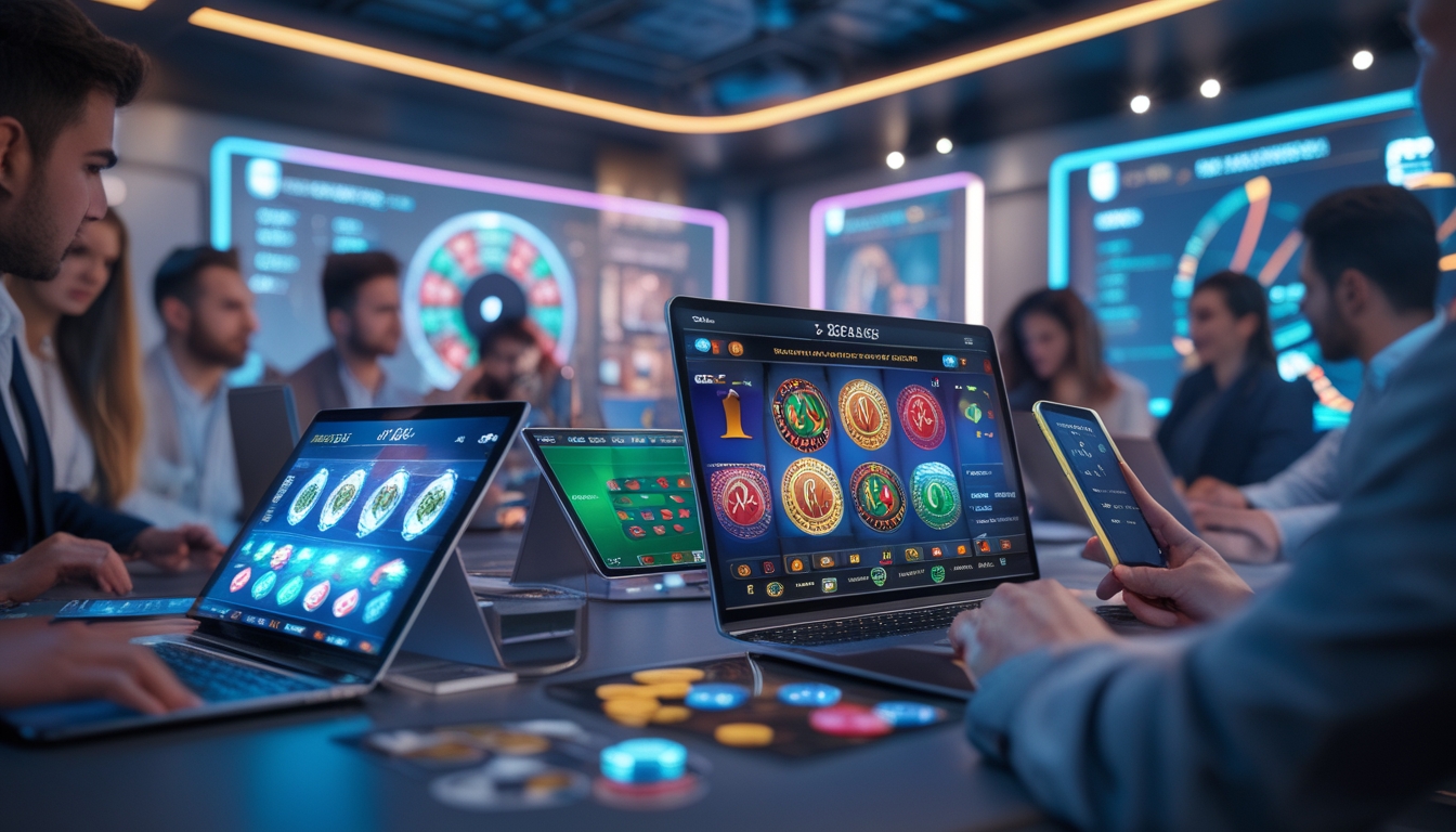 Beberapa orang menggunakan perangkat digital untuk bermain permainan judi online di ruangan modern yang terang dan futuristik.