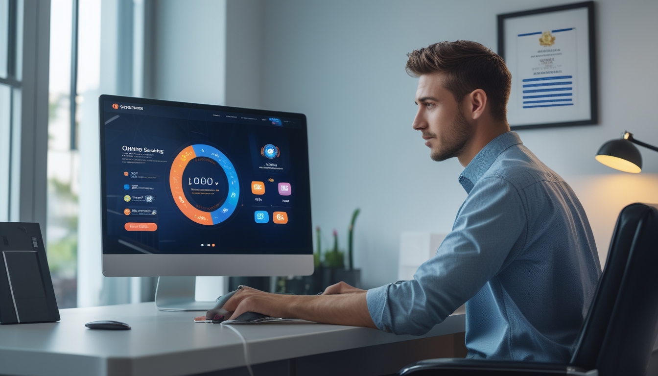 Seorang pria muda duduk di depan komputer di kantor modern, melihat layar dengan tampilan situs judi online resmi yang terpercaya.