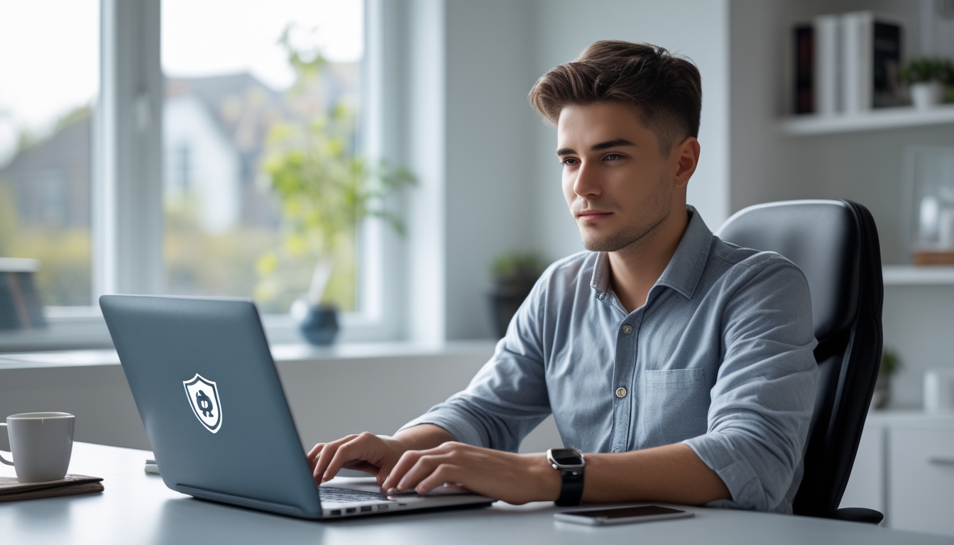 Seorang dewasa muda duduk di meja dengan laptop, terlihat fokus menggunakan situs judi online yang aman di ruang kerja yang terang dan rapi.
