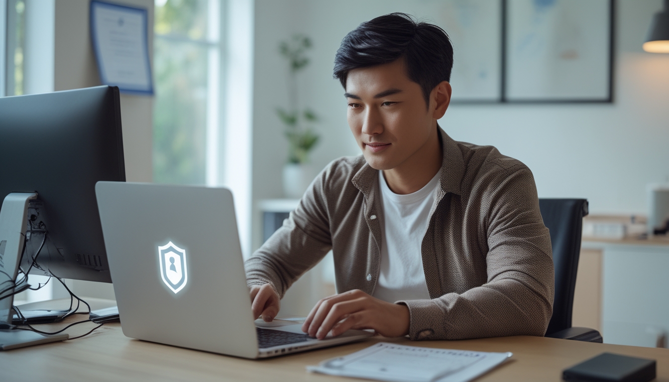 Seorang pria muda sedang duduk di meja dengan laptop, fokus menggunakan komputer di ruang kerja yang terang dan rapi.