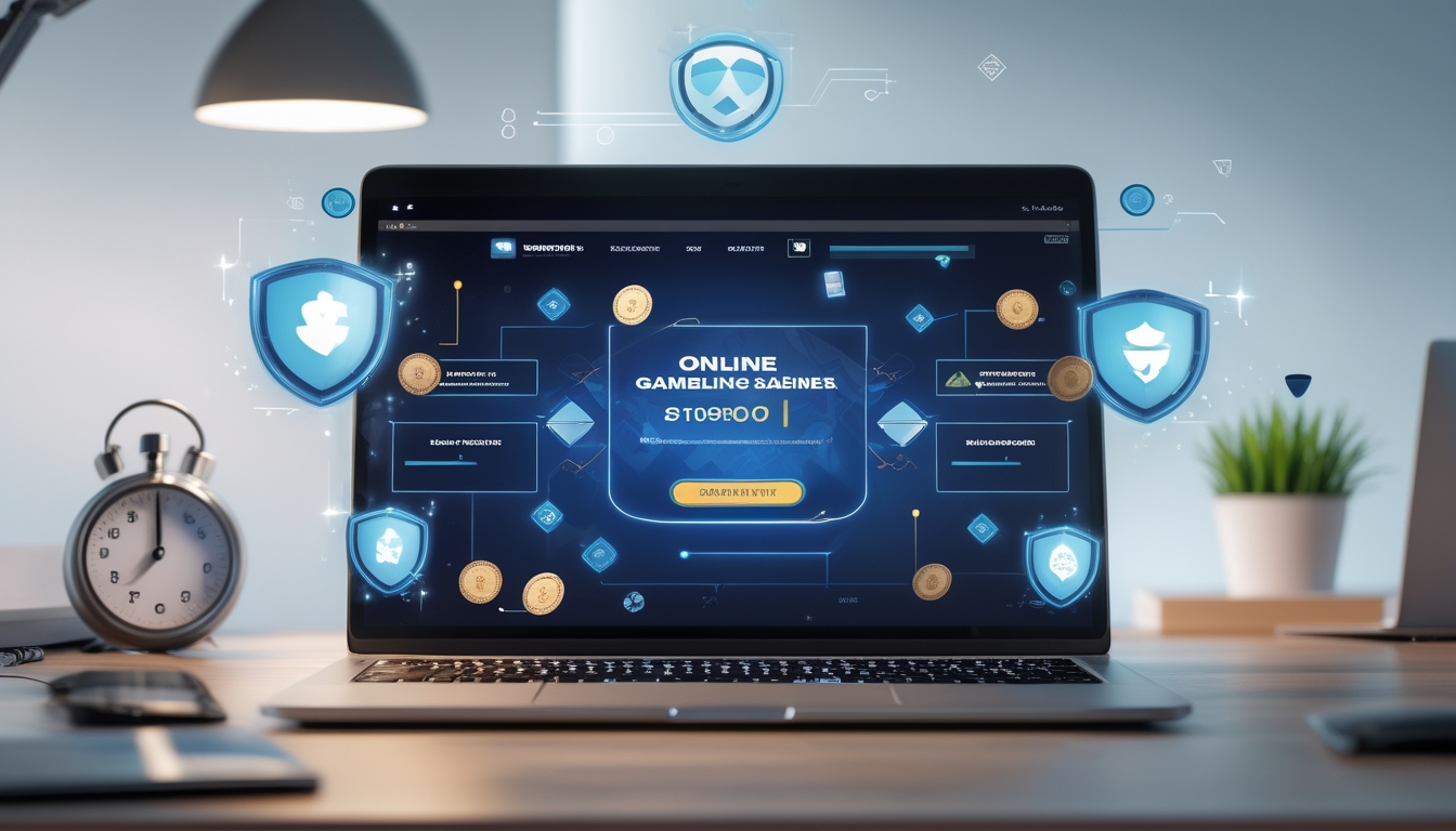 Seorang pria menggunakan laptop di meja kerja modern dengan tampilan situs judi online dan simbol pembayaran cepat di layar.