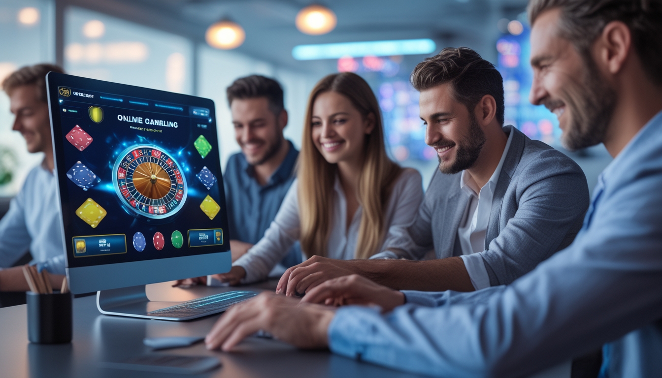 Orang-orang menggunakan komputer dengan tampilan permainan judi online di ruang kerja modern.
