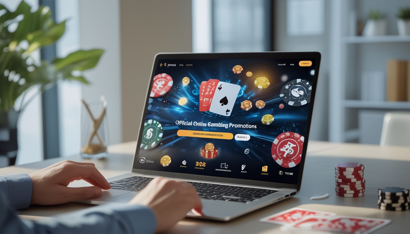 Sebuah layar perangkat digital menampilkan grafik promosi judi online terbaru dengan latar belakang ruangan yang terang dan rapi.