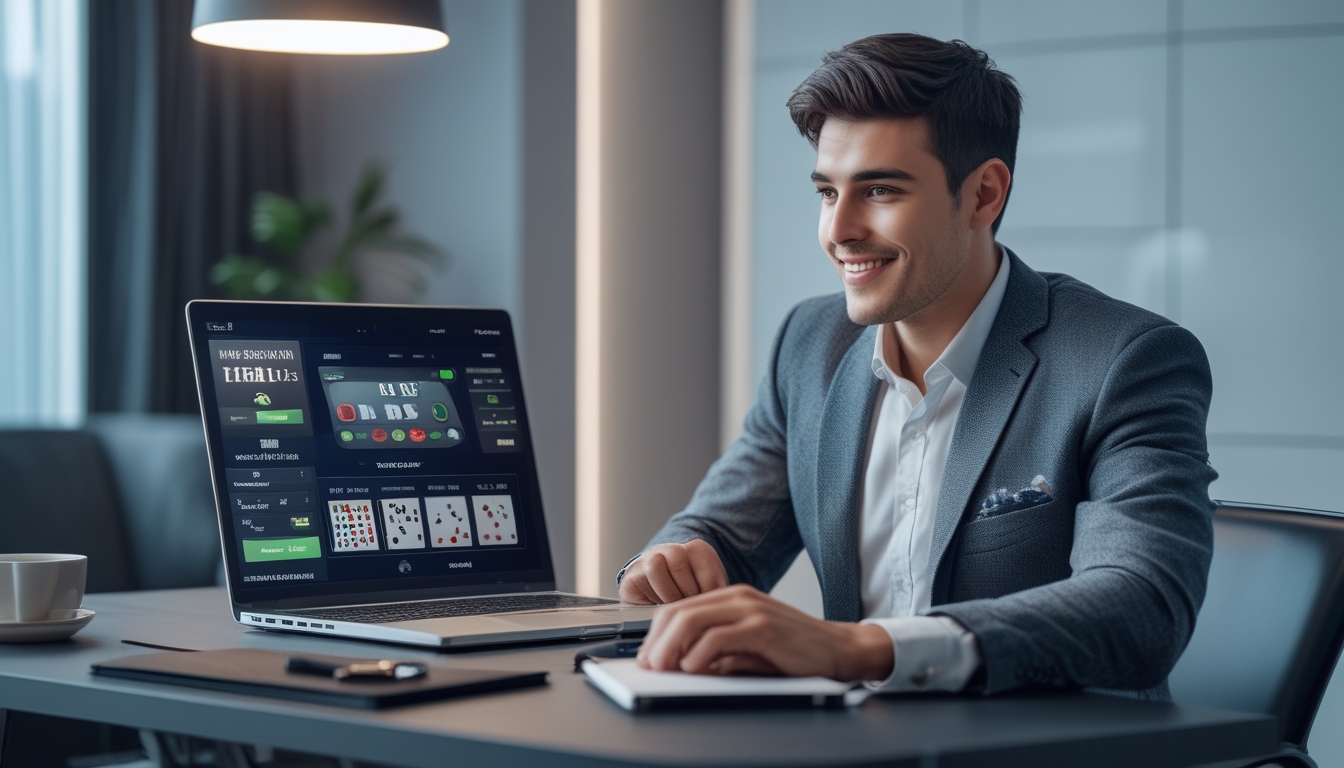 Seorang pria muda duduk di depan laptop dengan tampilan situs judi online, terlihat fokus dan percaya diri di ruang kerja yang rapi.