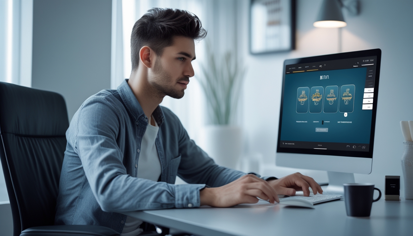 Seorang pria muda duduk di meja dengan laptop, terlihat fokus dan percaya diri saat bermain judi online di lingkungan rumah yang modern.