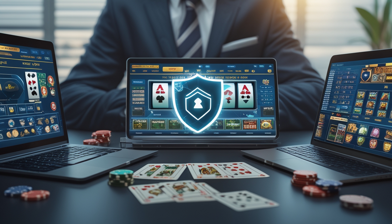 Seseorang yang percaya diri duduk di meja dengan laptop dan ponsel menampilkan permainan kasino, dikelilingi oleh chip poker dan kartu, melambangkan judi online yang terpercaya.