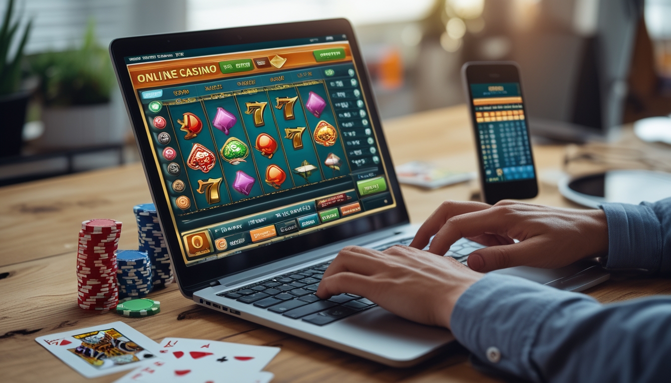 Meja kerja dengan laptop yang menampilkan antarmuka kasino online dan tangan seseorang sedang menggunakan laptop, di sekitar meja terdapat kartu remi, chip poker, dan ponsel dengan aplikasi taruhan.