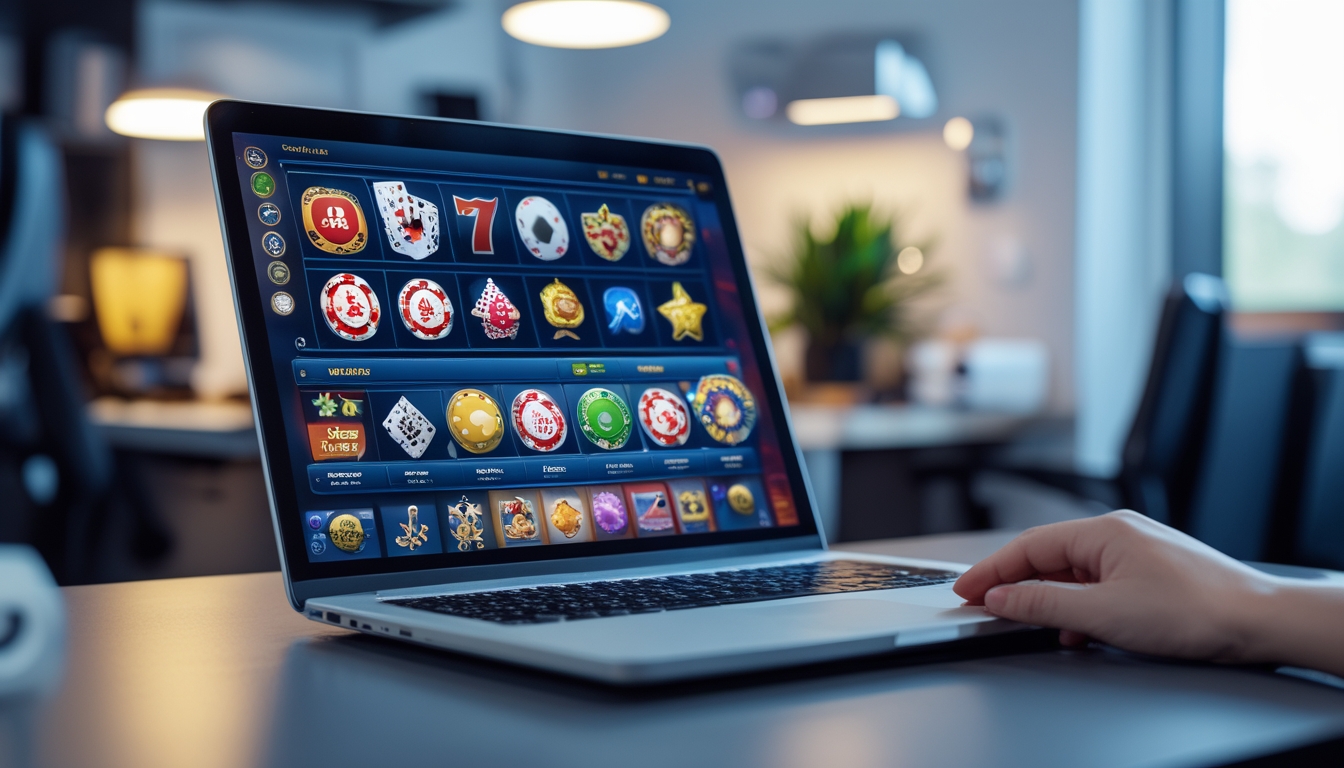 Seorang pengguna sedang bermain judi online di komputer dengan tampilan permainan kasino yang berwarna-warni di layar, di ruangan yang terang dan rapi.