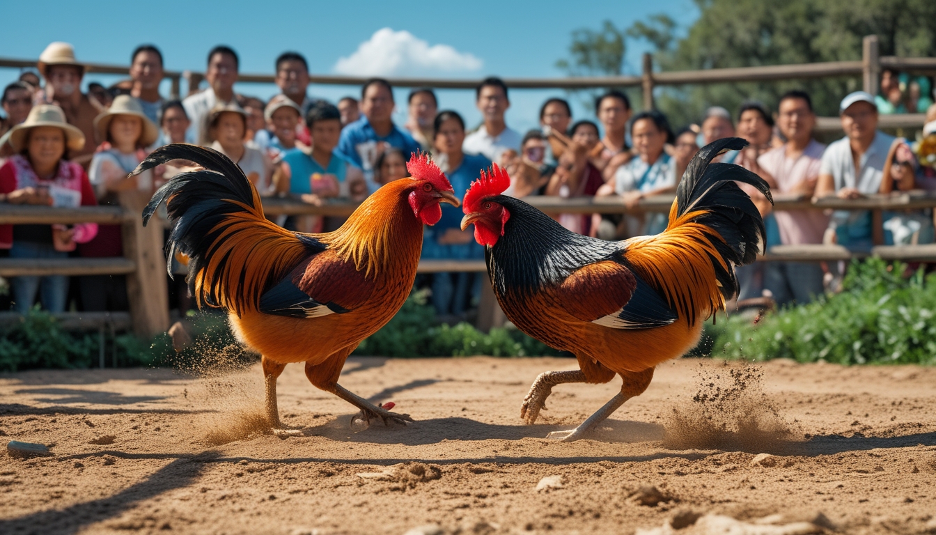 Dua ayam jago sedang bertarung di arena sabung ayam dengan penonton yang antusias di sekitarnya.