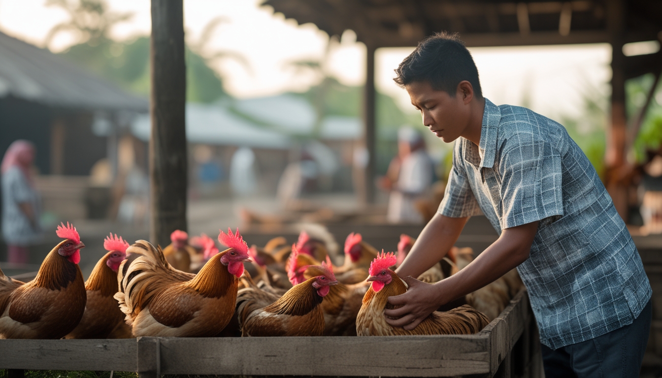 Seorang pria sedang memilih ayam sabung dalam suasana pagi di pasar desa dengan kandang ayam di sekitarnya.