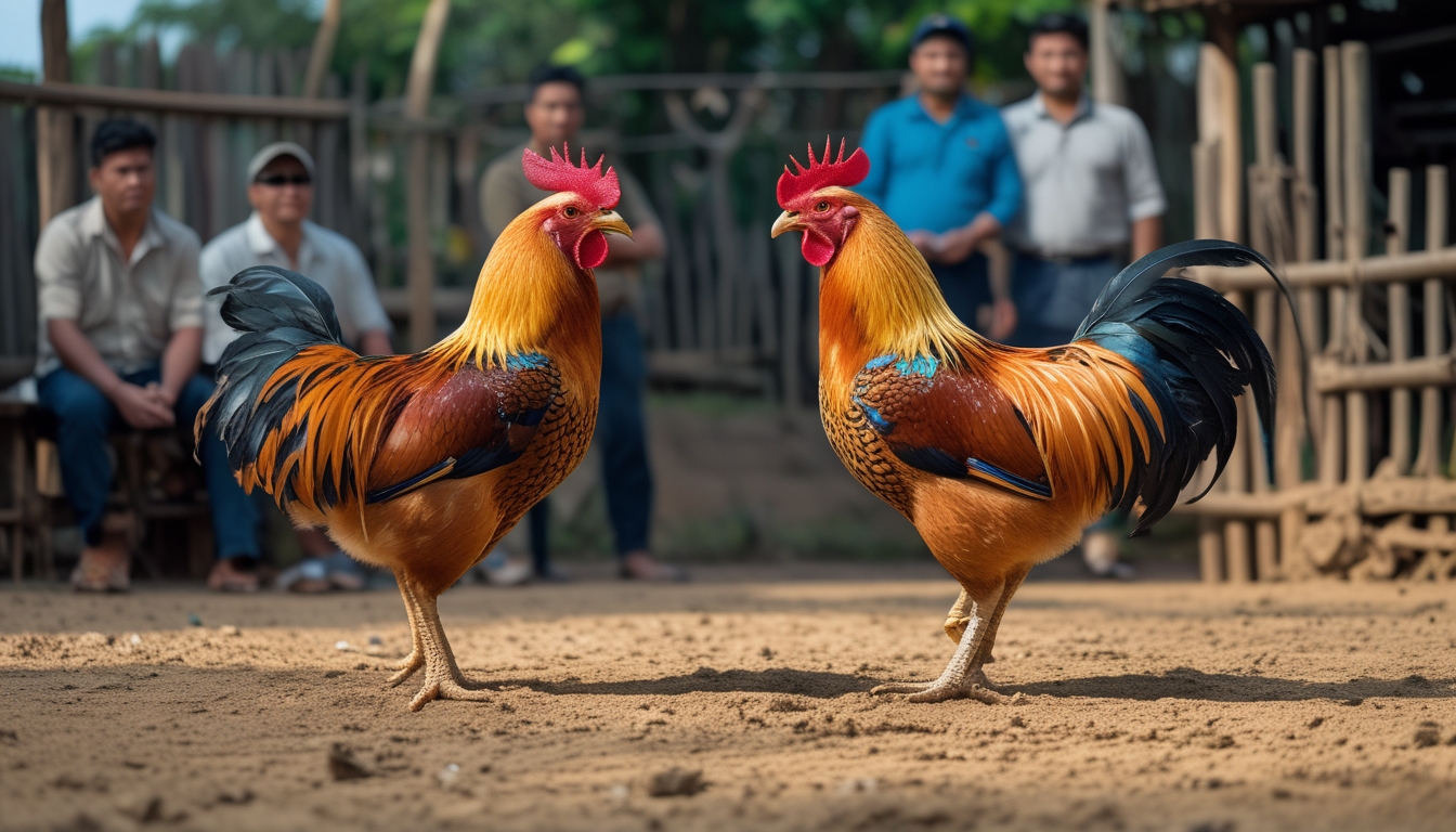 Dua ayam jago menghadap satu sama lain di tanah dengan beberapa orang mengamati di latar belakang.