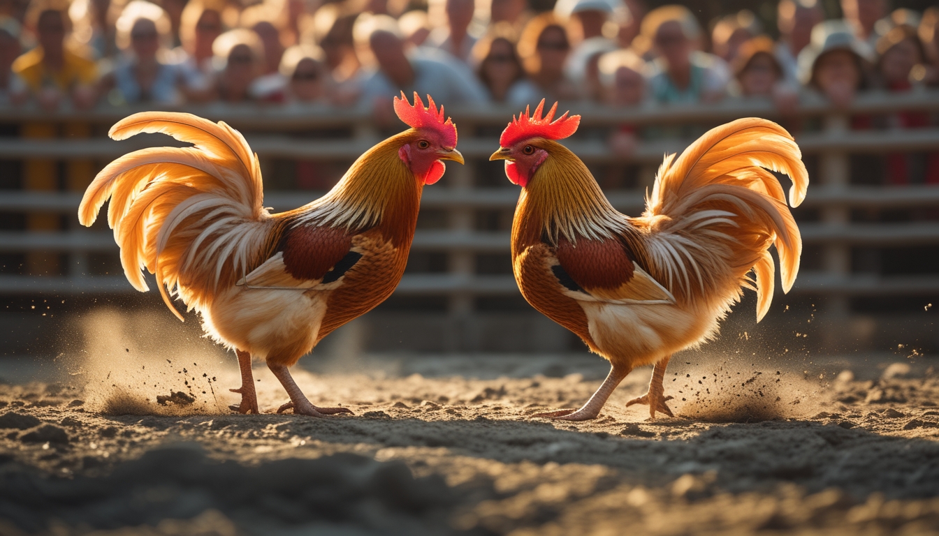 Dua ayam jago sedang bertarung di arena sabung ayam dengan penonton di latar belakang.
