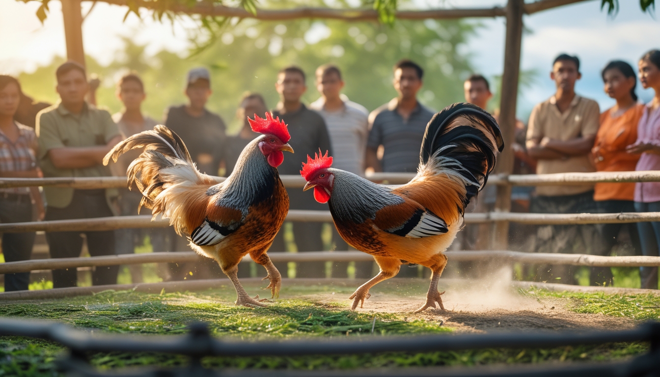 Dua ayam jago sedang bertarung di arena dengan beberapa penonton yang memperhatikan di sekeliling.