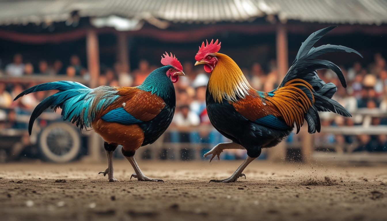 Dua ayam jago sedang bertarung di arena sabung ayam dengan penonton di latar belakang.