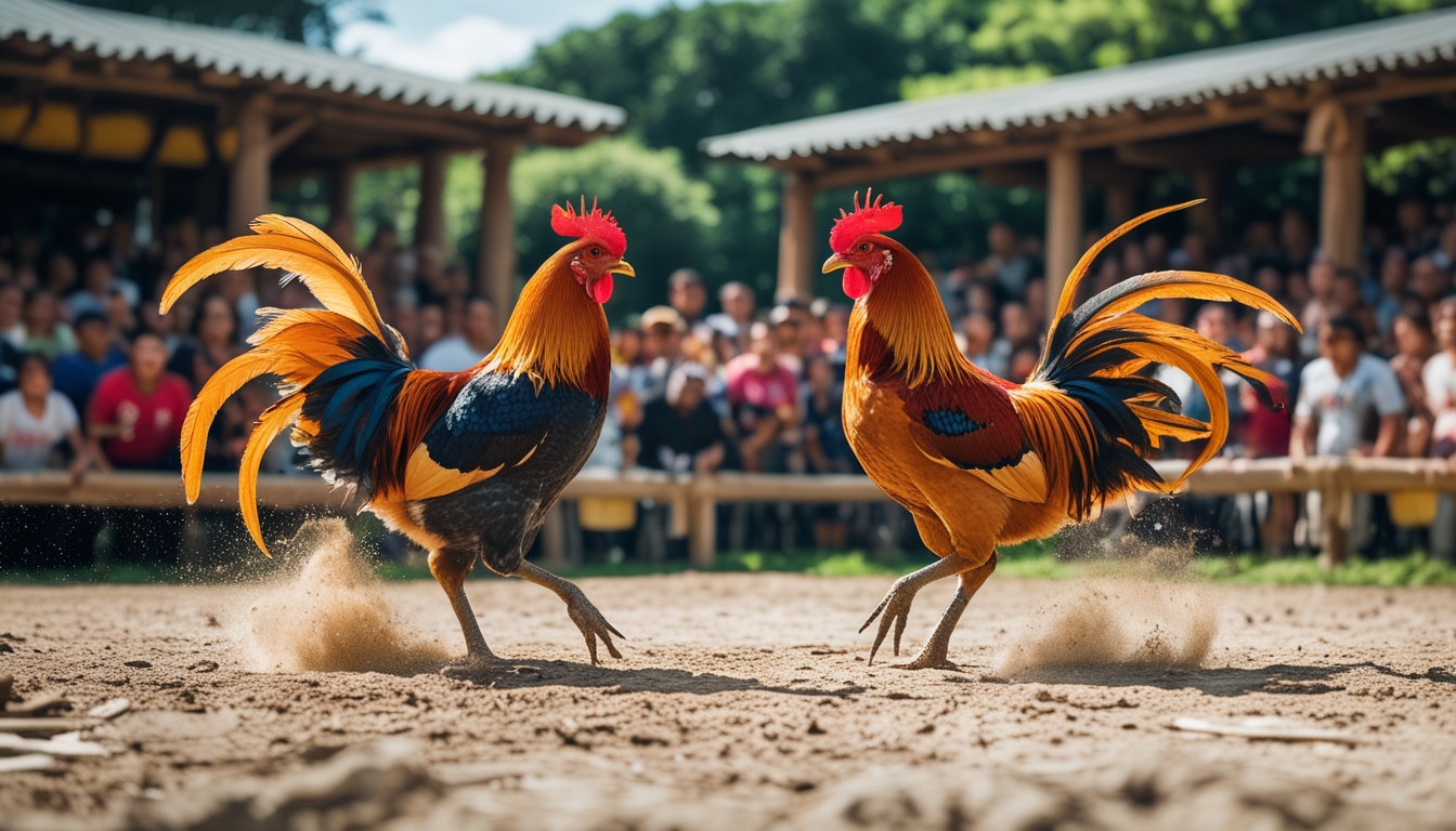 Dua ayam jago sedang bertarung di arena terbuka dengan penonton yang antusias di sekitarnya.