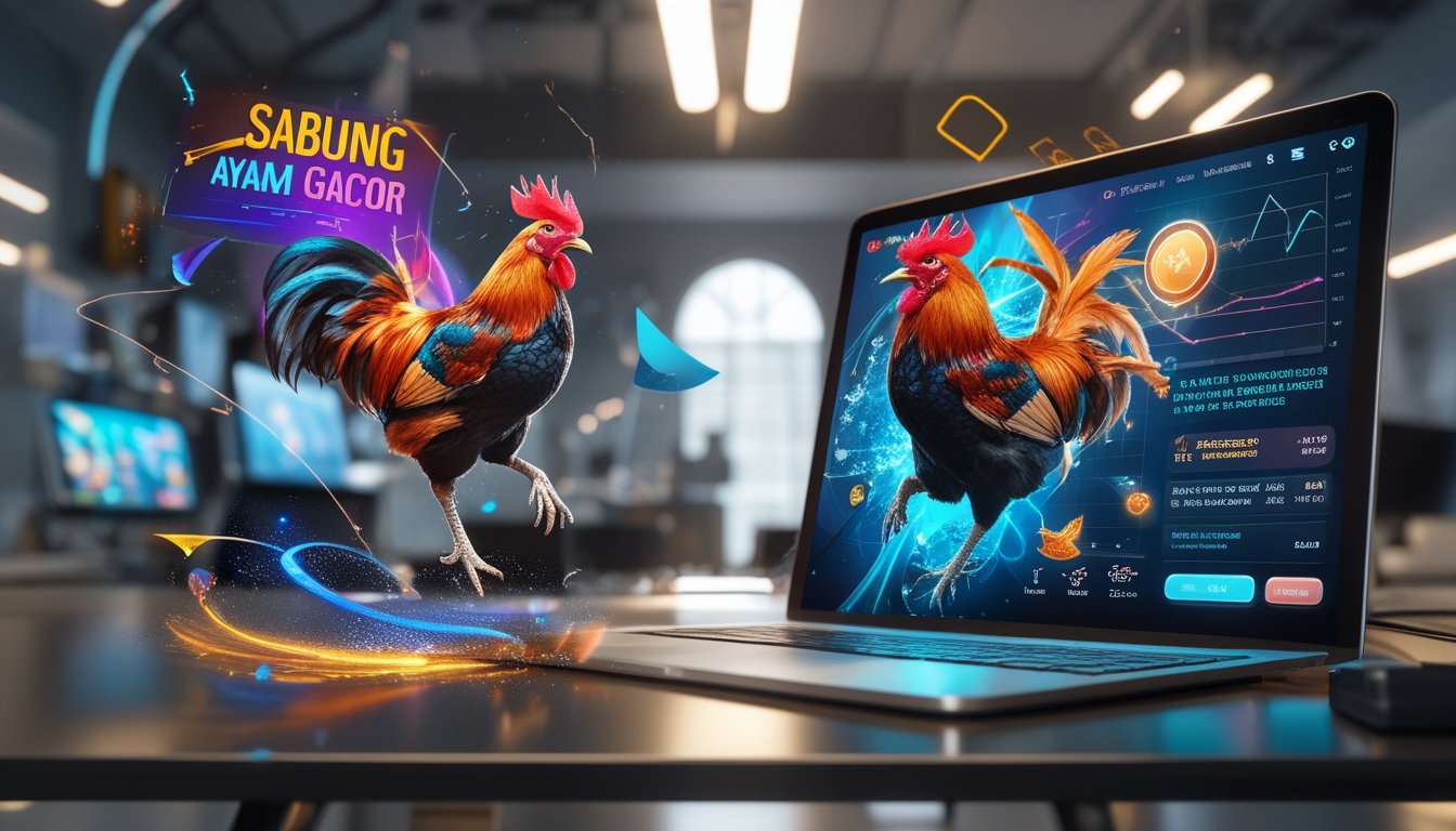 Sebuah meja kerja modern dengan laptop menampilkan grafik ayam aduan berwarna cerah dan elemen teknologi futuristik, menggambarkan promo eksklusif sabung ayam hari ini.
