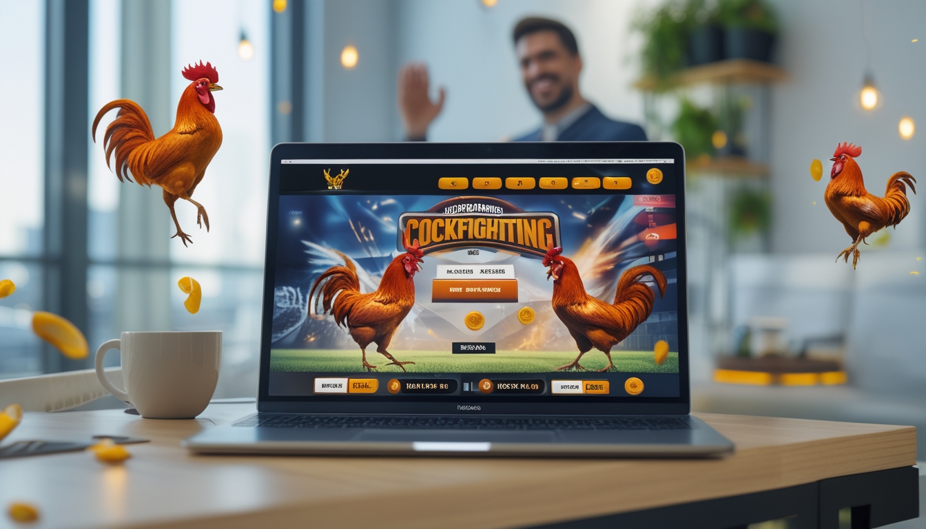 Seseorang merayakan kemenangan di depan layar komputer yang menampilkan situs resmi permainan sabung ayam dengan gambar ayam jantan yang sedang bertarung.