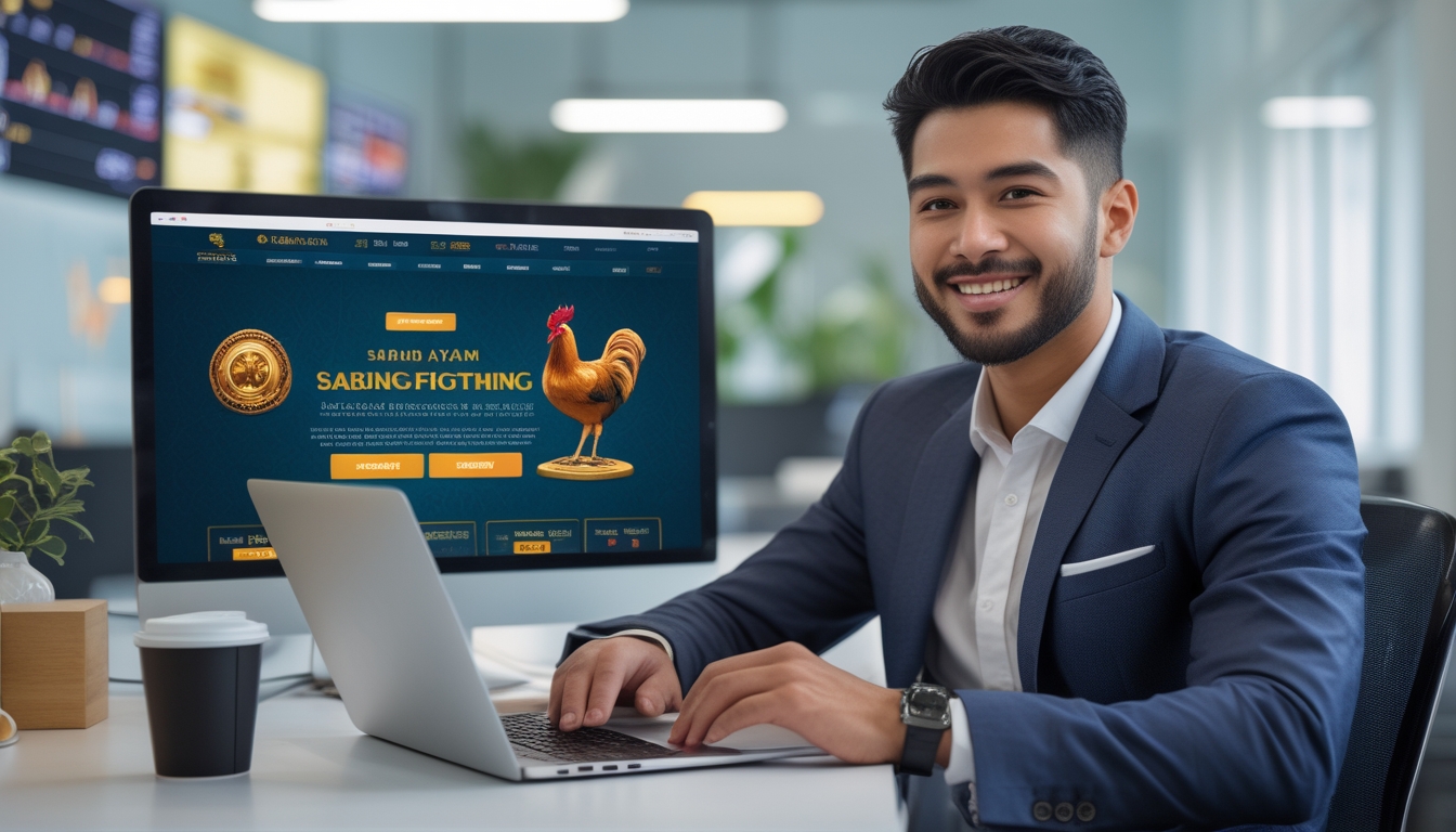 Seorang pria duduk di meja dengan laptop terbuka menampilkan situs taruhan sabung ayam, terlihat percaya diri dan tersenyum di ruang kantor yang terang.