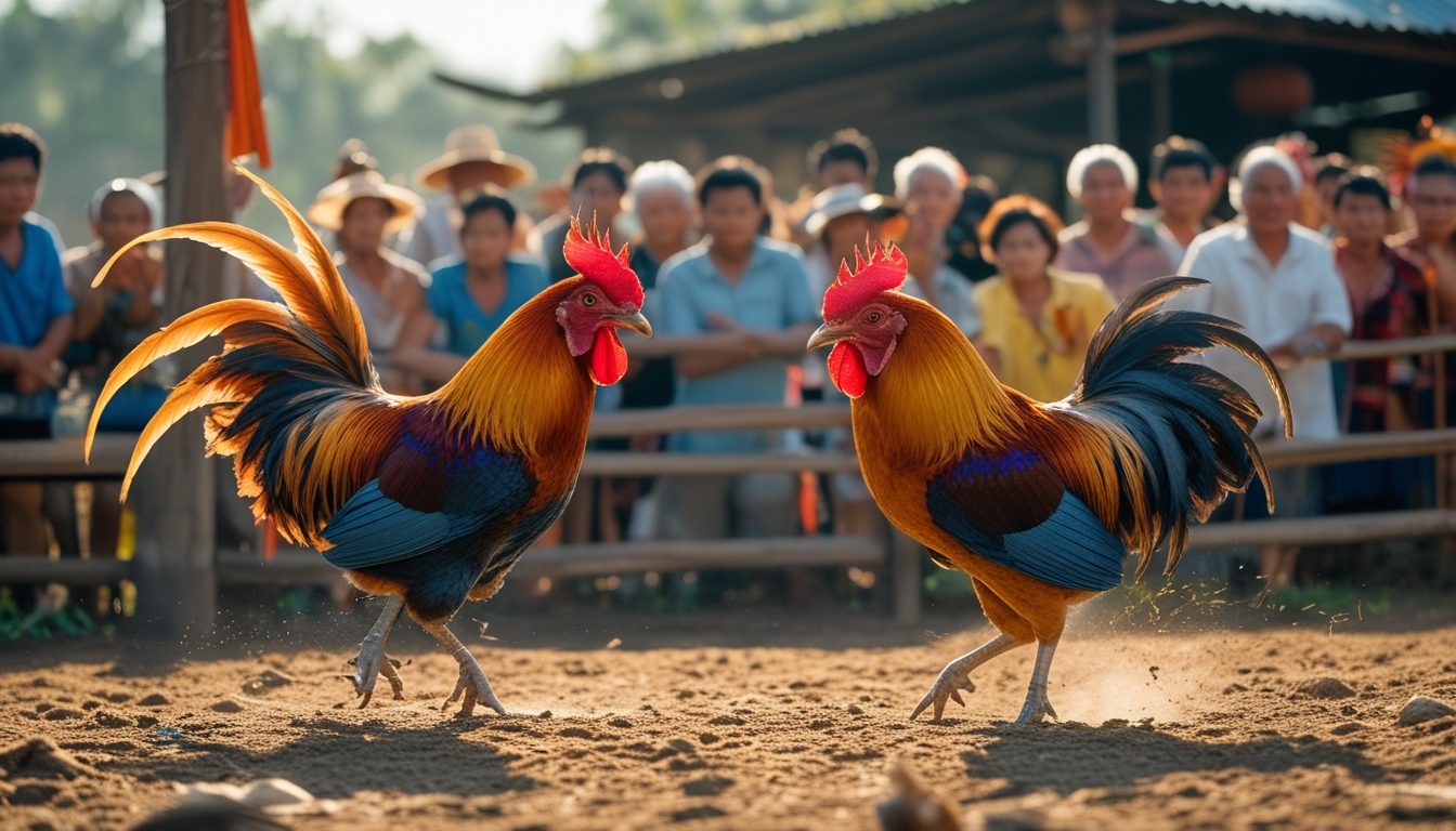 Dua ayam jago beraksi di arena sabung ayam dengan kerumunan penonton yang antusias di latar belakang.