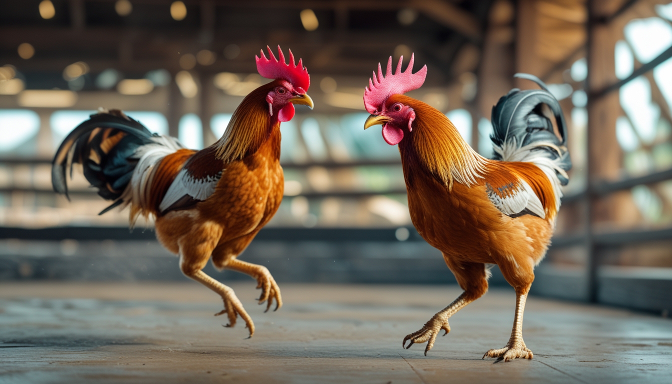 Dua ayam jago sedang bertarung di arena sabung ayam dengan latar belakang tradisional.