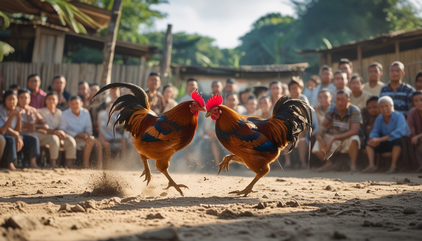 Dua ayam jago sedang bertarung di arena luar ruangan dengan penonton yang memperhatikan di sekitarnya.