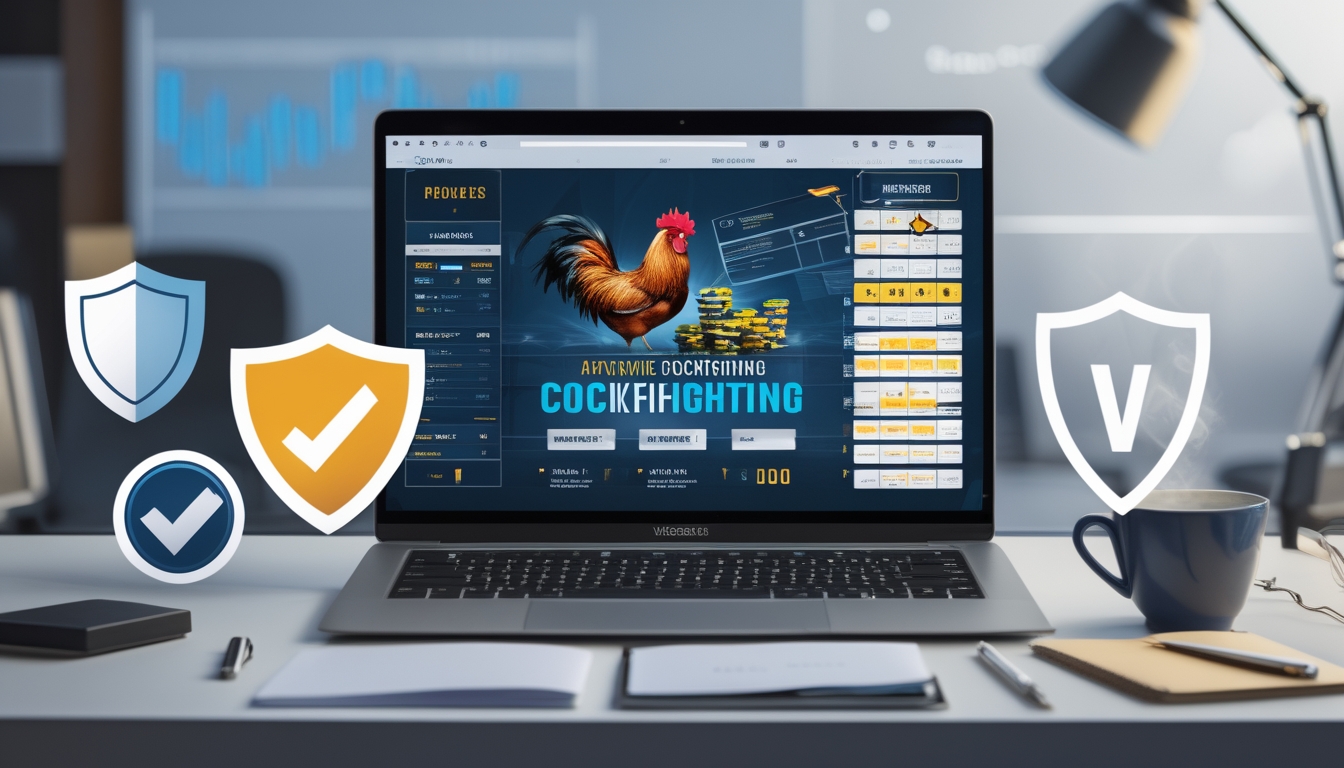 Sebuah laptop di meja kerja menampilkan ilustrasi ayam jago dan grafik taruhan, dikelilingi ikon keamanan seperti gembok dan tanda centang, dengan suasana ruang kerja yang rapi.