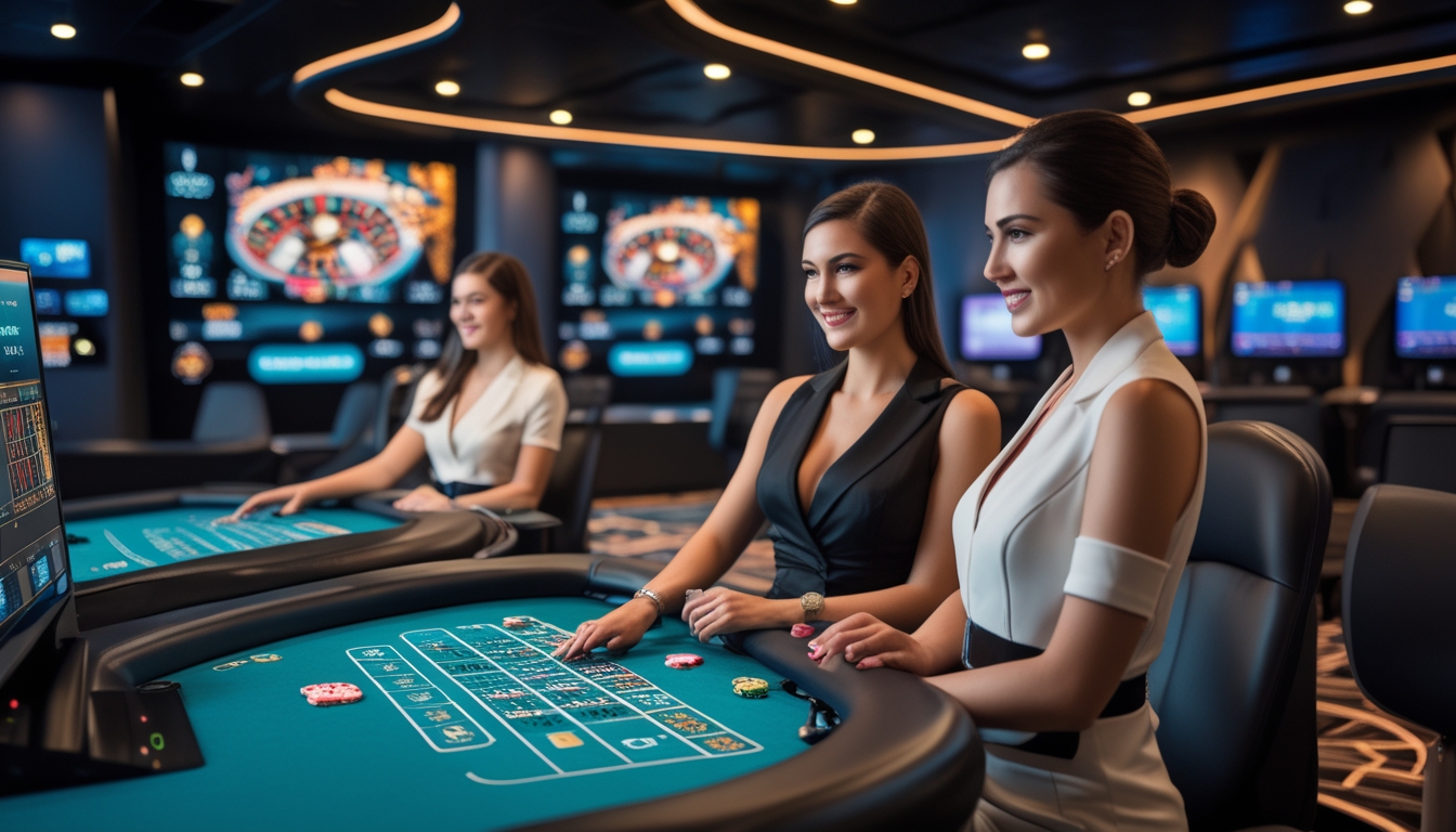 Studio kasino langsung dengan dealer wanita profesional dan peralatan streaming modern yang menampilkan permainan kasino seperti roulette dan kartu.