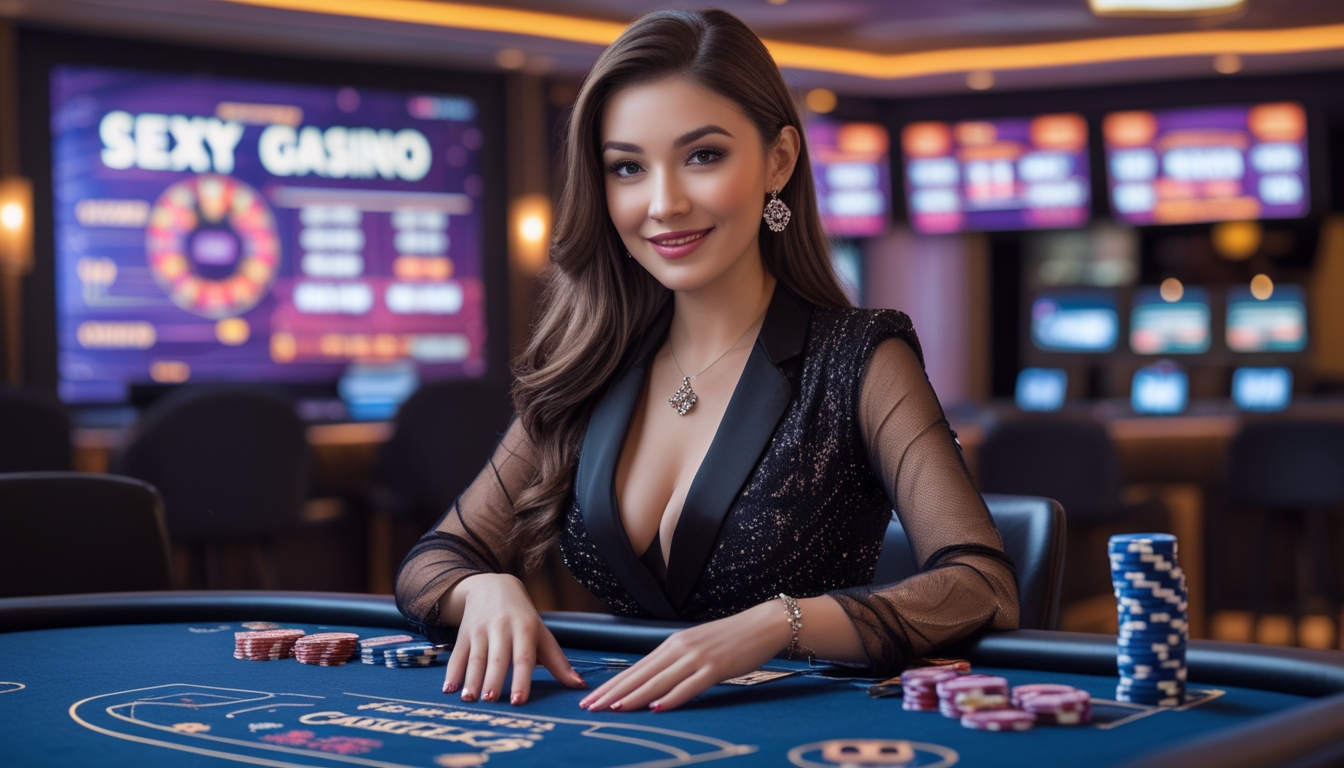 Seorang wanita dealer di meja kasino langsung dengan suasana kasino yang hidup dan modern.