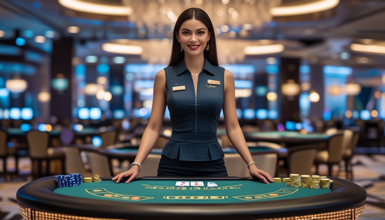Seorang dealer wanita profesional berdiri di belakang meja permainan kasino dengan suasana kasino mewah di latar belakang.