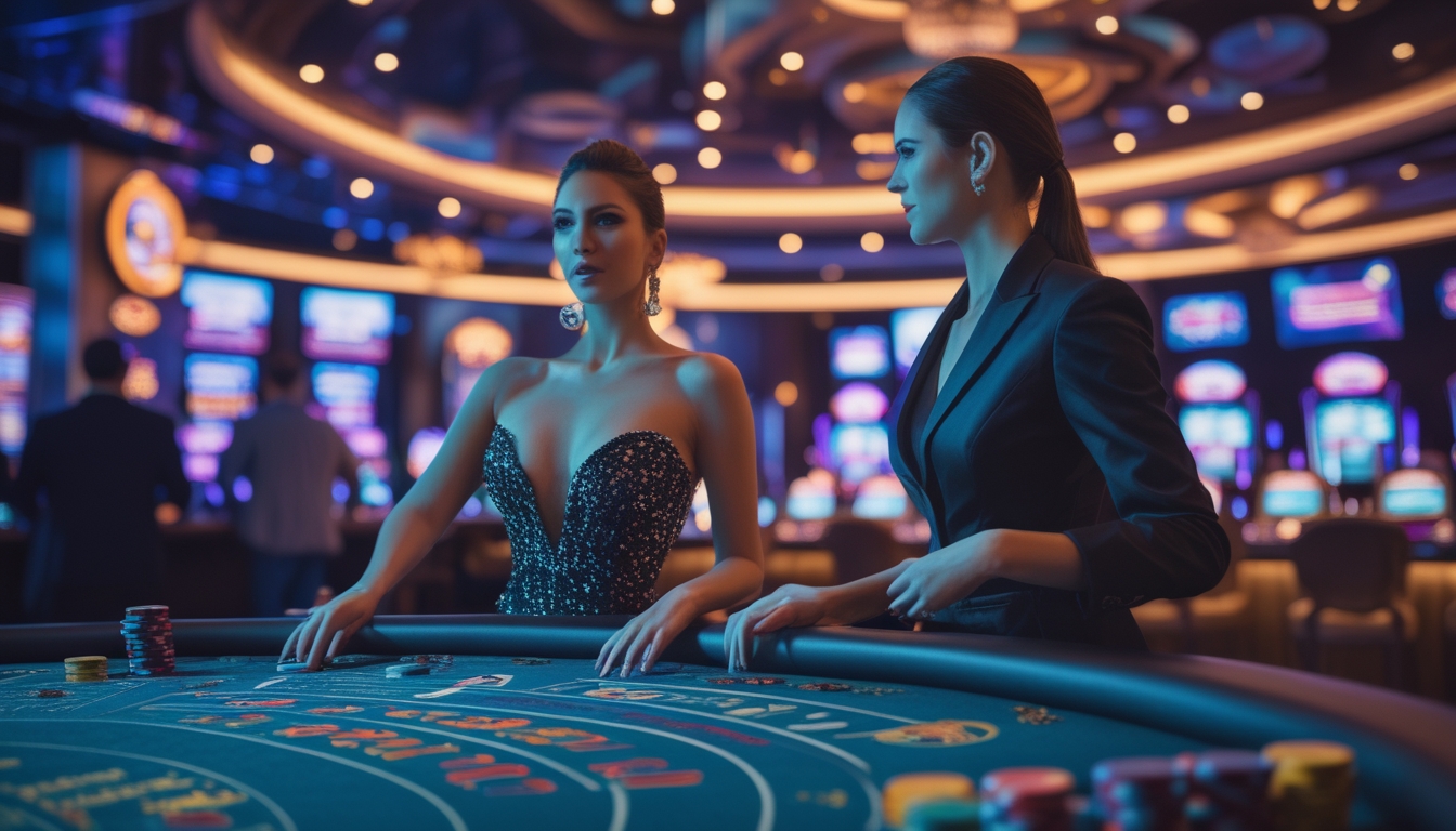 Seorang dealer wanita yang anggun sedang melayani pemain di meja kasino yang modern dengan lampu warna-warni dan suasana yang hidup.