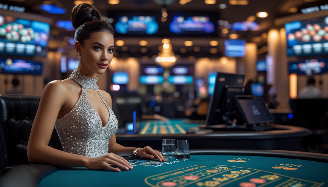 Seorang dealer wanita elegan di kasino langsung dengan layar komputer menampilkan permainan kasino online di latar belakang.
