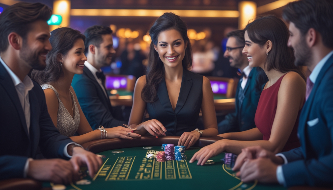 Seorang dealer wanita tersenyum di meja kasino dengan pemain yang sedang bermain di sekitarnya.