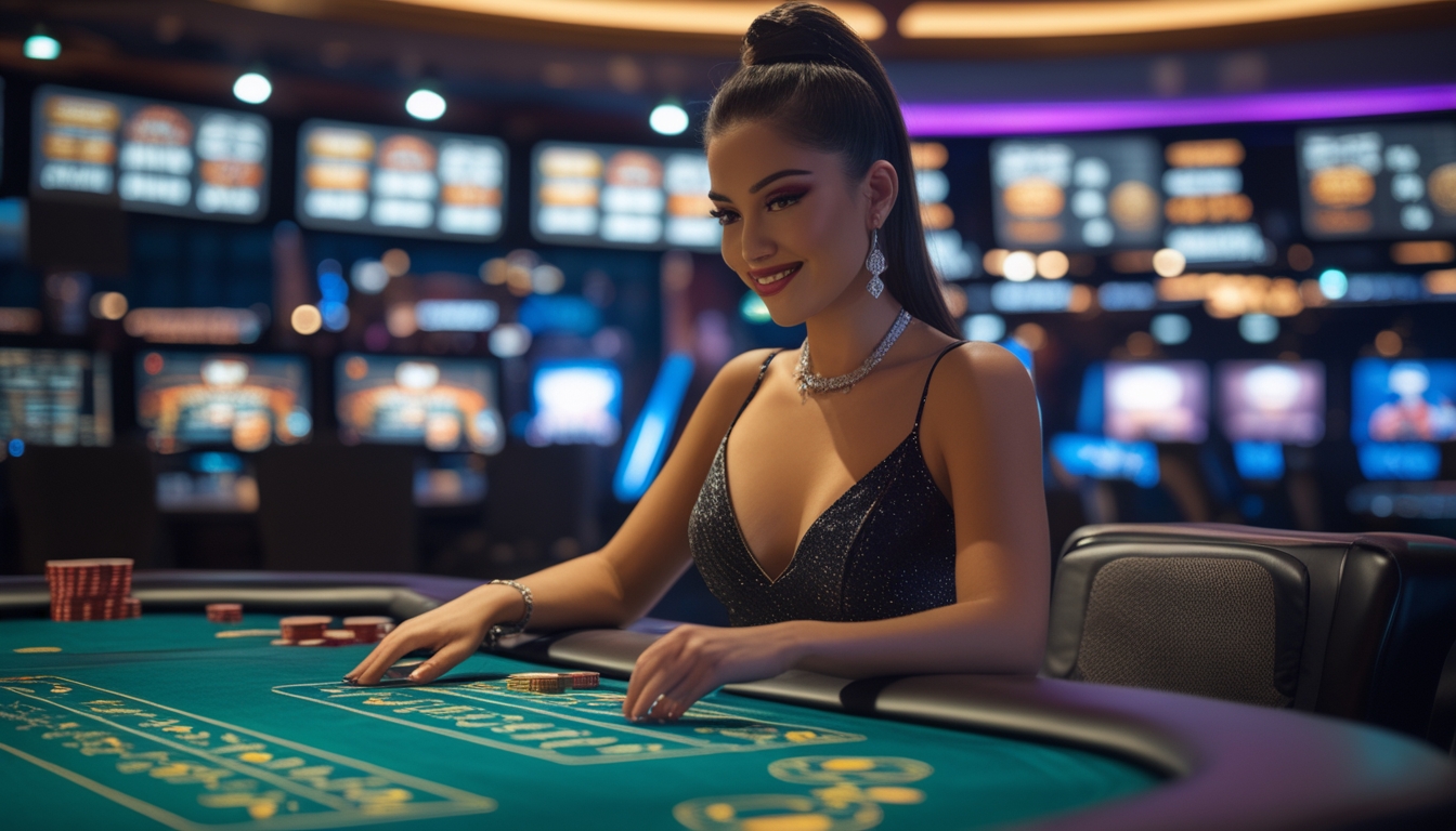 Seorang dealer wanita di meja kasino modern dengan layar besar menampilkan permainan kasino langsung di latar belakang.