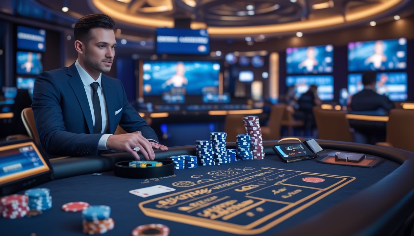 Seorang dealer kasino yang profesional sedang berinteraksi dengan pemain di meja permainan kasino langsung dengan suasana modern dan peralatan teknologi tinggi.