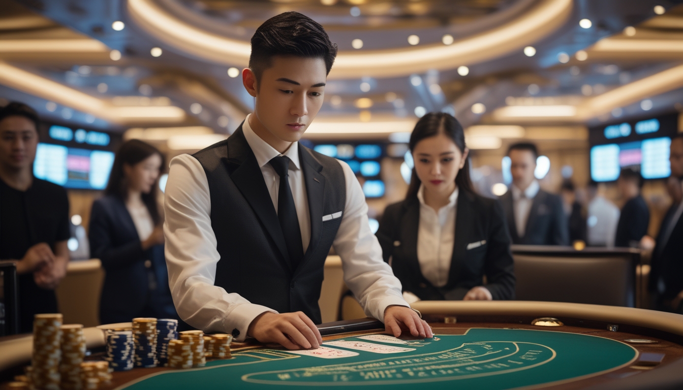 Seorang dealer Asia yang berpakaian rapi di meja permainan kasino dengan kartu dan chip, dikelilingi oleh pemain yang fokus di dalam ruangan kasino mewah.