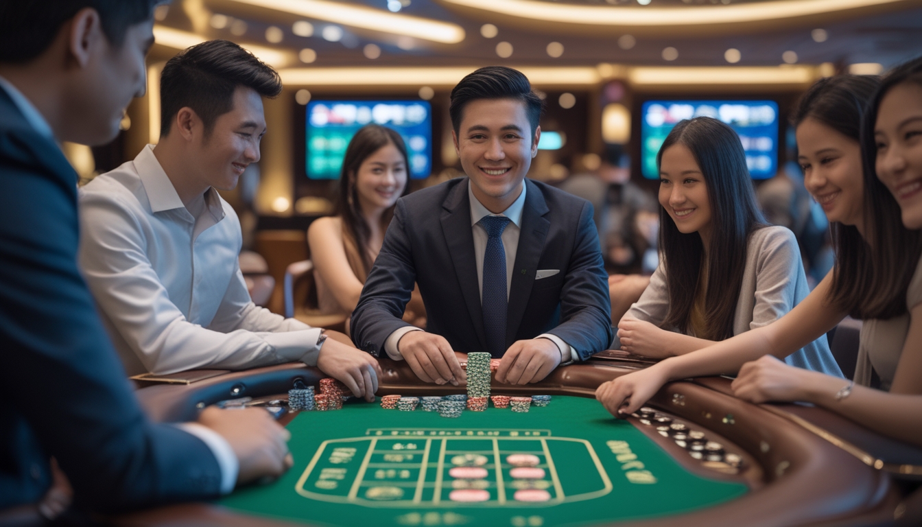 Seorang dealer Asia tersenyum di meja kasino dengan pemain yang sedang belajar bermain permainan kasino langsung.