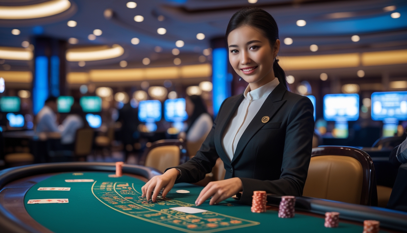 Seorang dealer wanita profesional sedang membagikan kartu di meja kasino dengan suasana kasino modern di latar belakang.