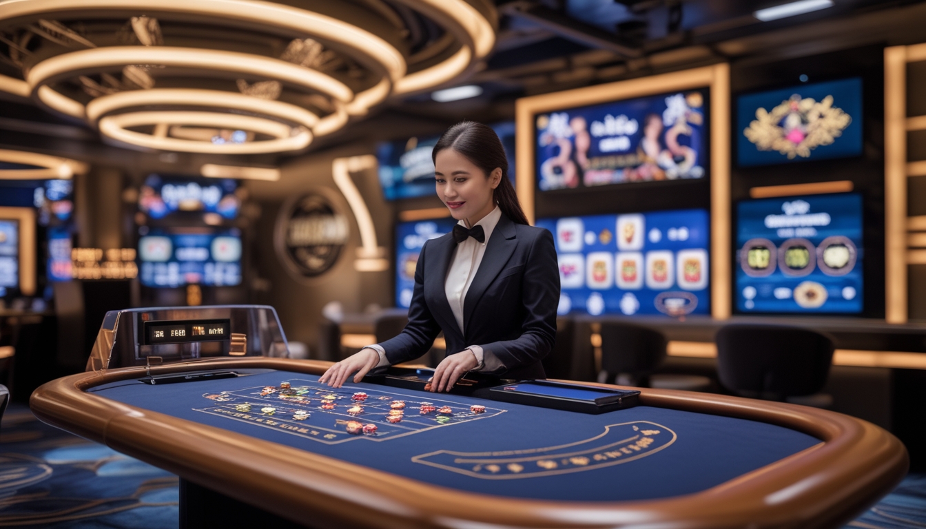 Seorang dealer profesional di meja kasino live dengan latar belakang layar permainan kasino dan elemen desain Asia.