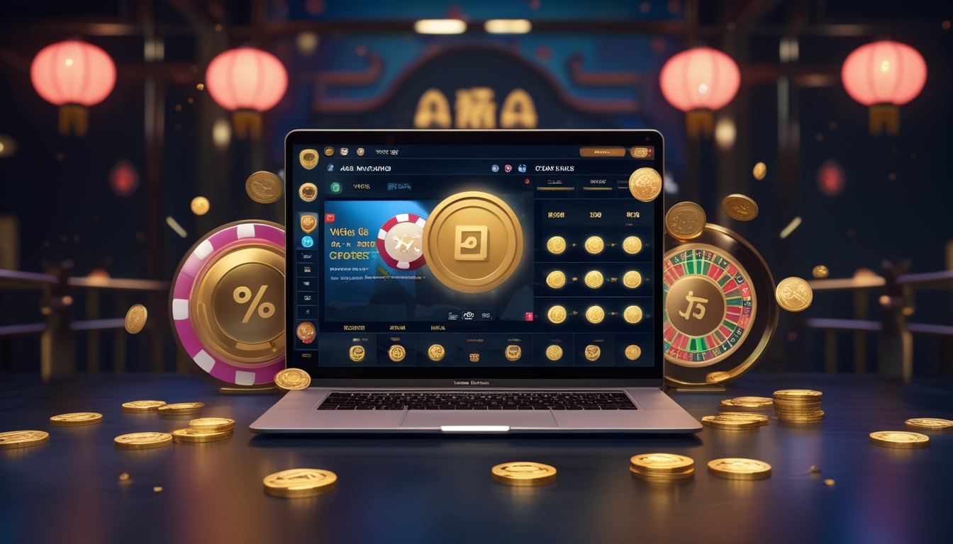 Seorang pemain menggunakan komputer dengan tampilan permainan kasino langsung Asia Gaming, dikelilingi koin emas dan simbol bonus kasino.