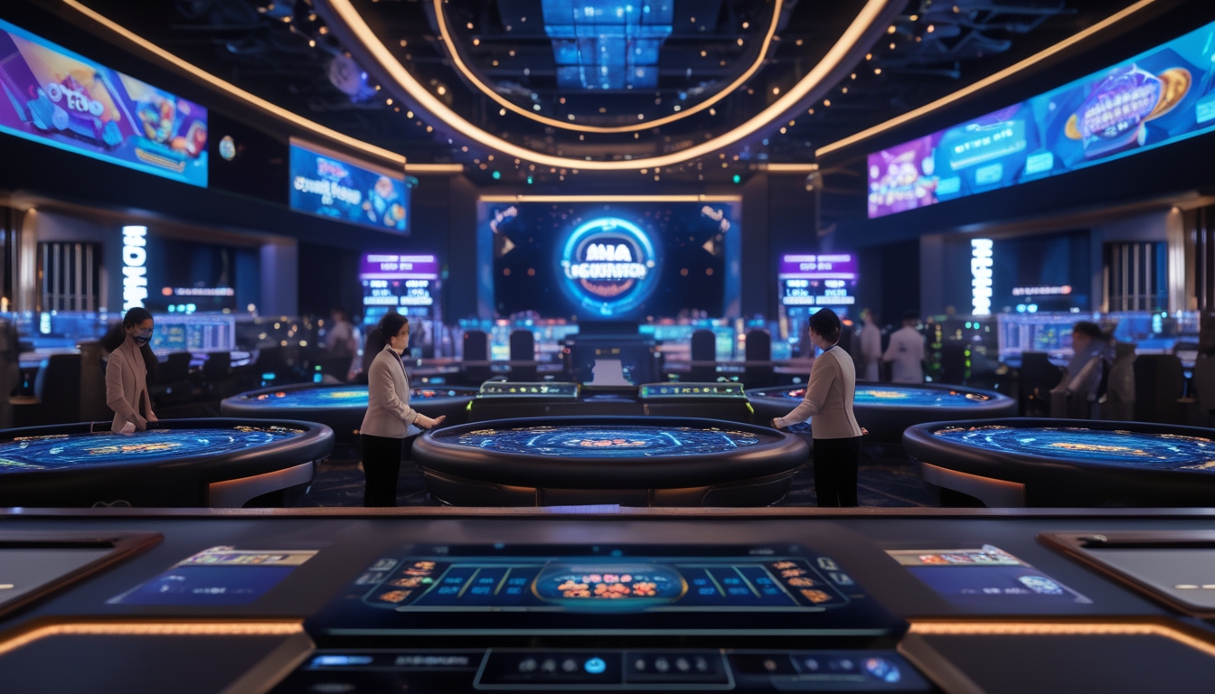 Suasana kasino langsung modern dengan meja permainan digital dan dealer yang sedang berinteraksi dengan pemain menggunakan peralatan streaming canggih.
