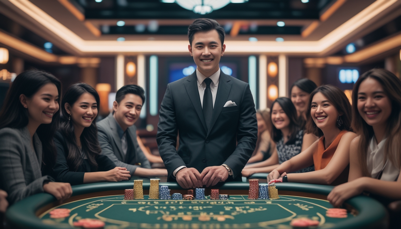 Seorang dealer kasino Asia berdiri di belakang meja permainan dengan pemain yang tampak antusias dan lingkungan kasino yang mewah.