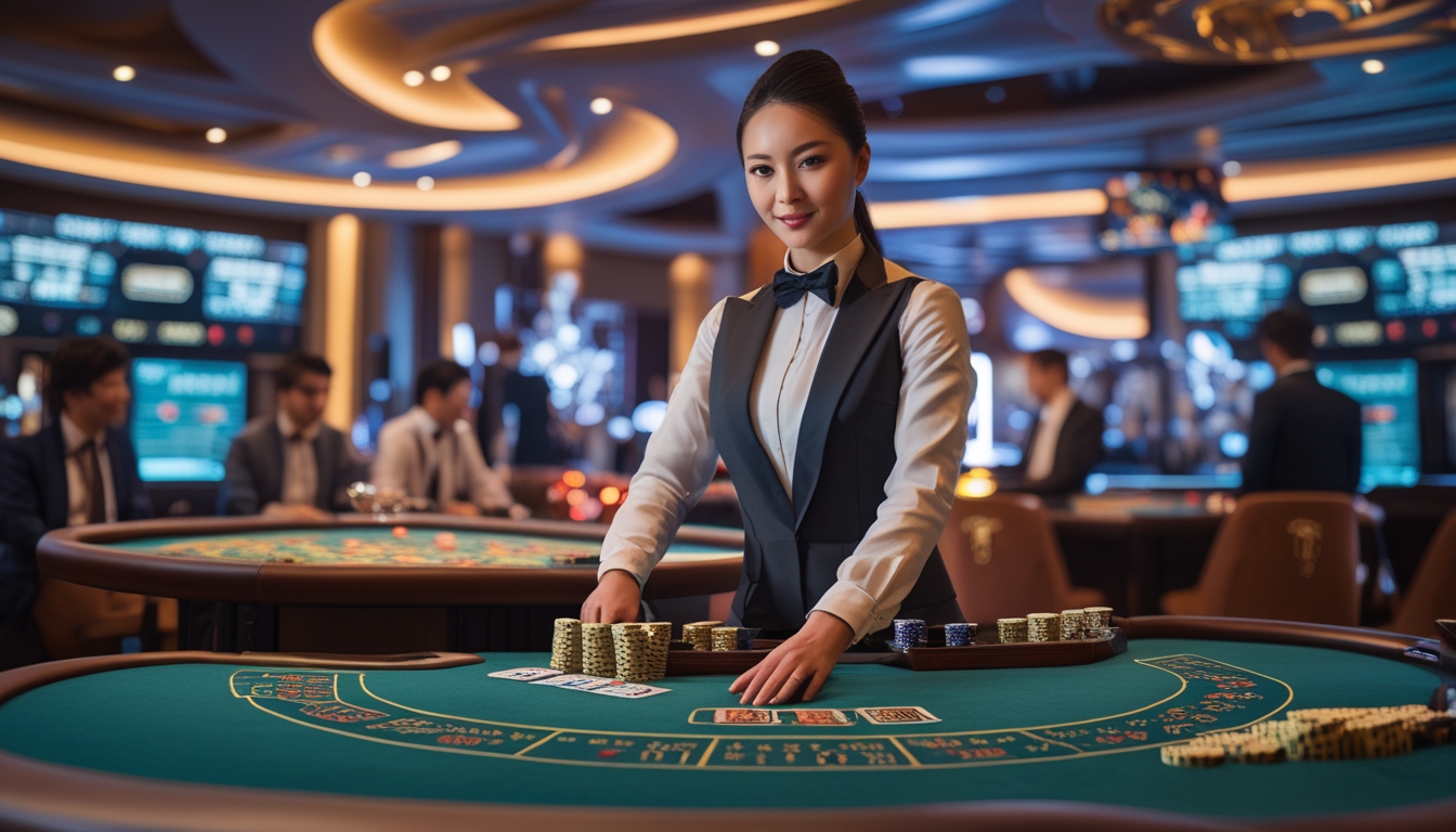 Seorang dealer kasino Asia yang rapi sedang mengelola meja permainan langsung dengan kartu dan chip di lingkungan kasino yang modern dan elegan.